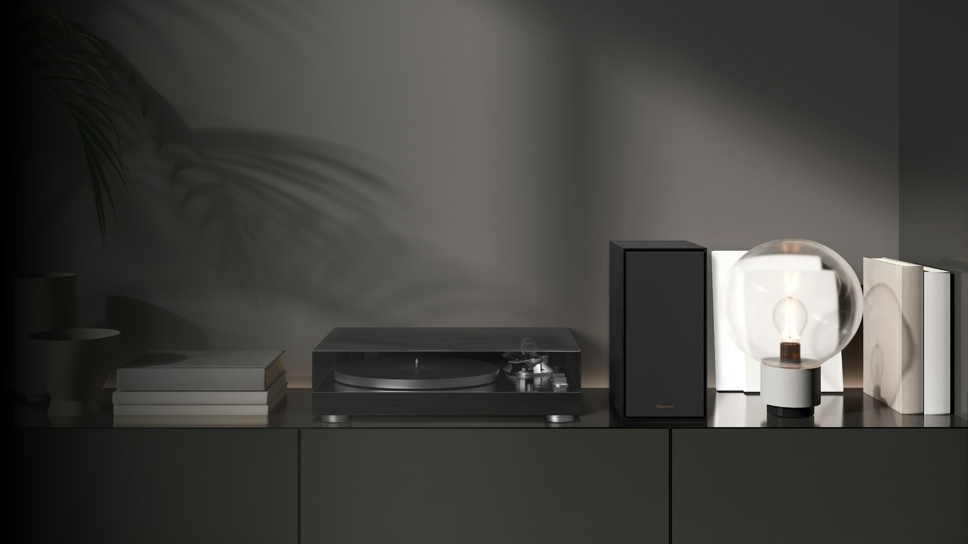 R 40 PM Beside Turntable and Plant in Dark Moody Room 1920x1080